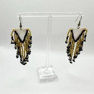 Fringe Earrings Triangle Beaded Pierced Mother Of Pearl MOP Cream Brown Western
